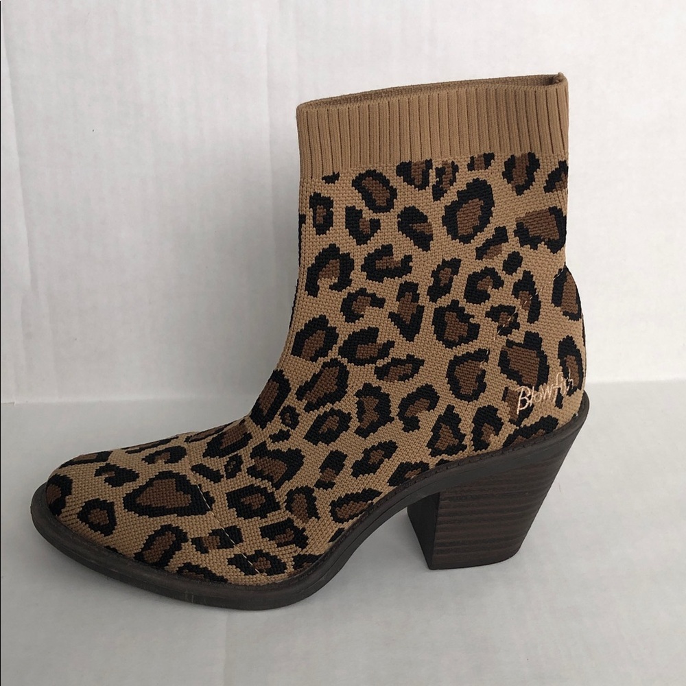 Blowfish Malibu Cheetah Print Pull-on Knit Chunky Heel Ankle Booties 7.5 - Picture 2 of 7